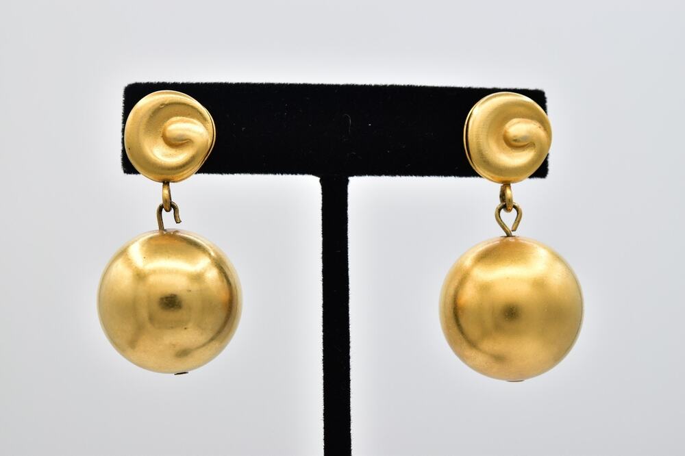Givenchy Vintage Gold Ball Drop Earrings Spiral Statement Brushed Signed Bin5